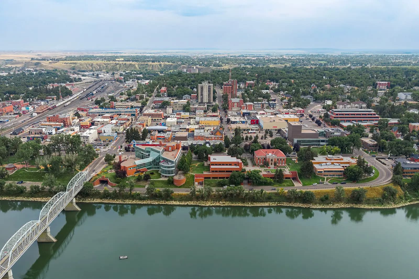 Aerial view of downtown Medicine Hat, Alberta, a city of 63,271 residents along the South Saskatchewan River historically known for its natural gas industry.